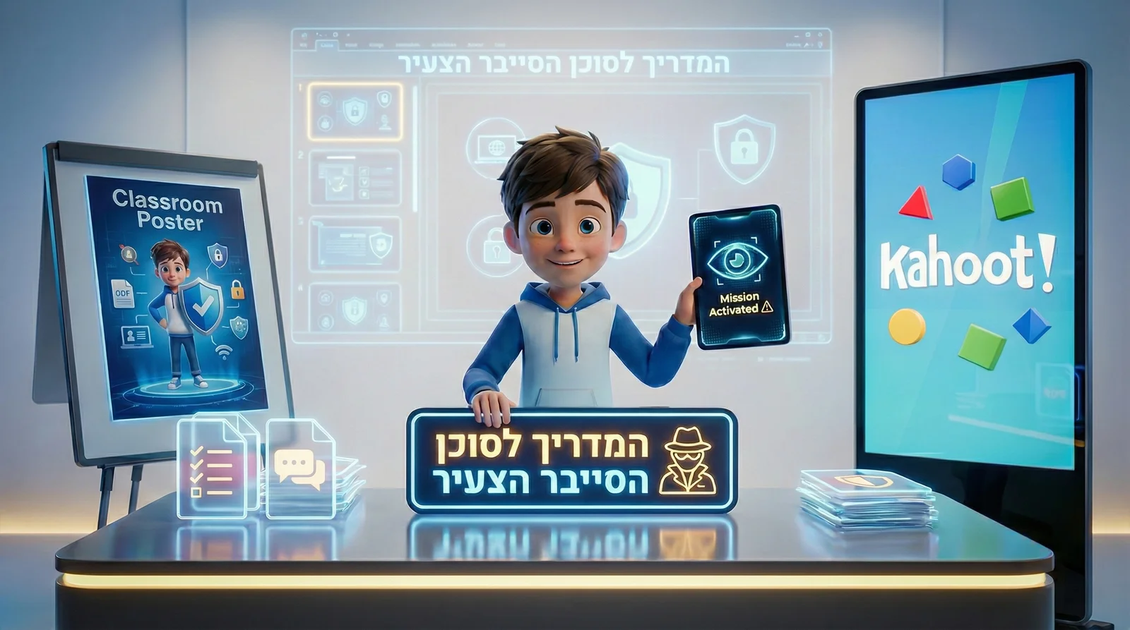 סקירה כללית של ערכת סייבר לילדים - פוסטר כיתה, טאבלט Mission Activated, ולוח Kahoot